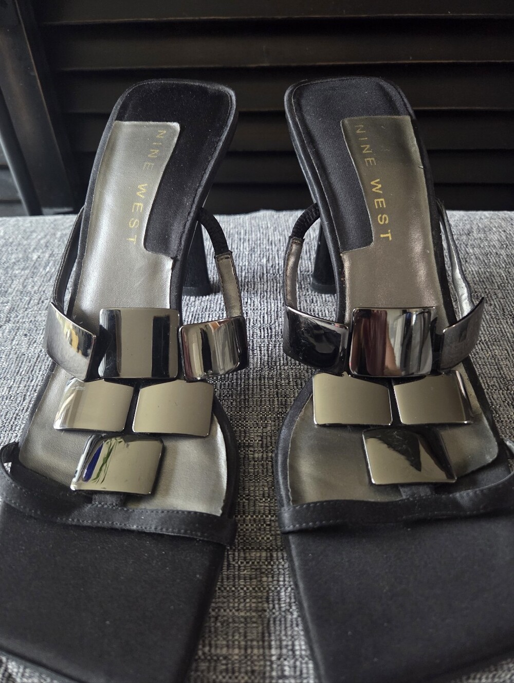Nine West Square Toe Silver Metallic Heel Sandals Size 8